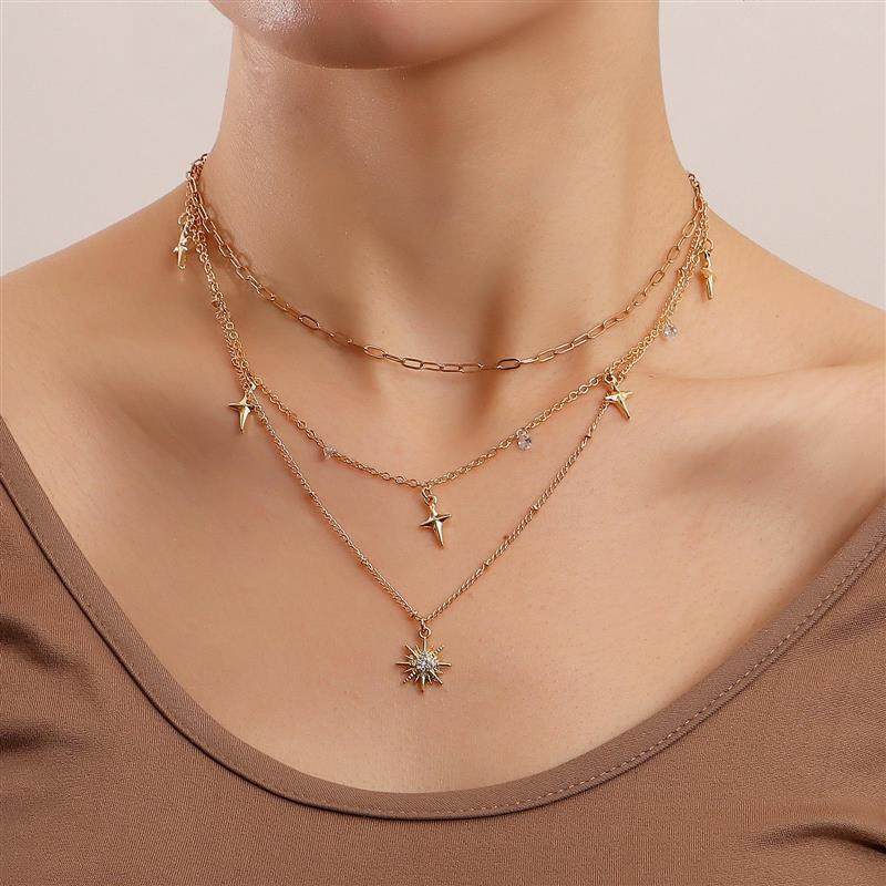 欧美热卖配饰 朋克轻奢镶钻八芒星项链 小众设计感十字星吊坠颈链