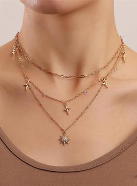 欧美热卖配饰 朋克轻奢镶钻八芒星项链 小众设计感十字星吊坠颈链