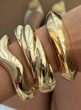 欧美跨境饰品 简约螺纹镜面金属风手镯 简约重工光面波纹叠戴手饰