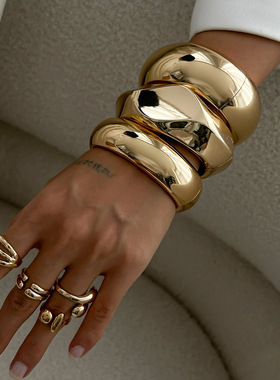 欧美跨境ins夸张切面几何手镯 小众个性设计感弹簧扣开口手环