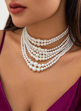 欧美多层法式复古项圈饰品仿珍珠