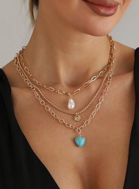 欧美跨境饰品复古松石爱心三层项