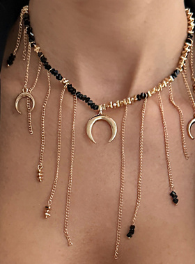 欧美跨境复古弯月牙吊坠流苏锁骨