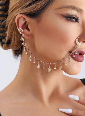 欧美鼻环饰品 民族风黑色仿水晶流苏一体式耳钉鼻环 甜酷金属鼻夹