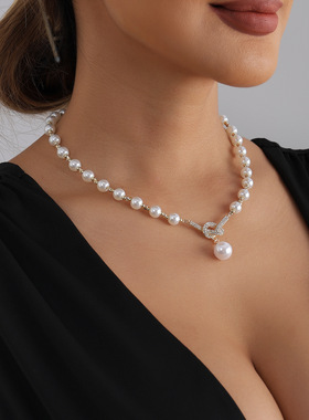 欧美跨境饰品复古镶钻珍珠蝴蝶结Y型项链 ins小众设计感拼接项饰