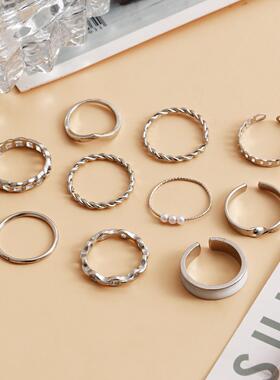 欧美简约镂空金属麻花珍珠开口戒