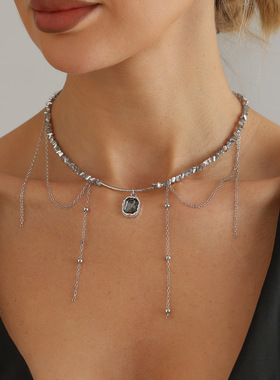 欧美跨境饰品清冷感黑钻流苏项链