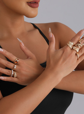 欧美跨境饰品ins小众金属质感镶钻戒指手饰不规则开口调节指环女