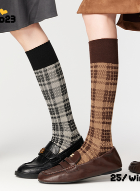 咖色袜子女2025新款爆款秋冬英伦风个性复古格纹堆堆袜配乐福鞋