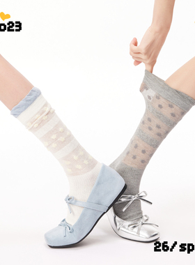 日系碎花白色小腿袜女春夏款轻薄透气堆堆袜花边甜美少女长筒袜