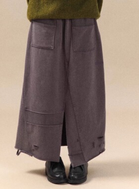 DAIKON Lab.25aw水洗做旧磨损拼接保暖宽松休闲开衩卫衣裙半身裙
