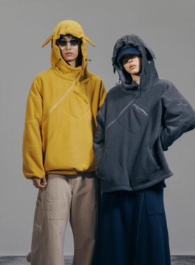 DAIKON Lab 24aw山系户外超柔摇粒绒斜拉链廓形小狗耳朵连帽卫衣