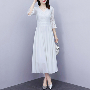 RM20455#夏季新款白色蕾丝连衣裙雪纺显瘦海边度假沙滩裙长裙到脚踝超长款