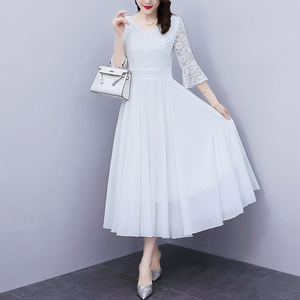 RM20455#夏季新款白色蕾丝连衣裙雪纺显瘦海边度假沙滩裙长裙到脚踝超长款