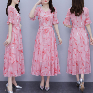 RM20454#夏季雪纺碎花连衣裙女长款到脚踝2023年新款时尚显瘦超长半袖裙子