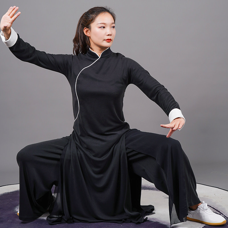 马蕾太极春秋新款中国风太极服表演服武术女下垂定制练功古风长袍_虎窝淘