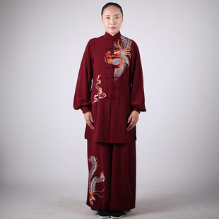 马蕾太极春秋新款天麻中长款太极拳表演服刺绣喜凤牡丹