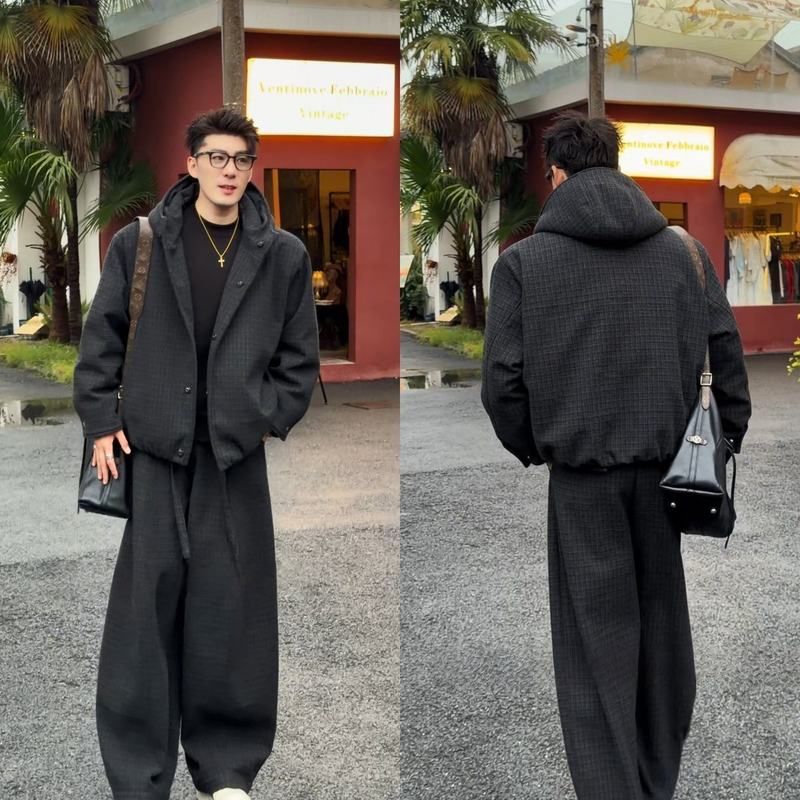 秋冬新品小众高级感格子休闲运动夹克套装男复古宽松百搭外套长裤