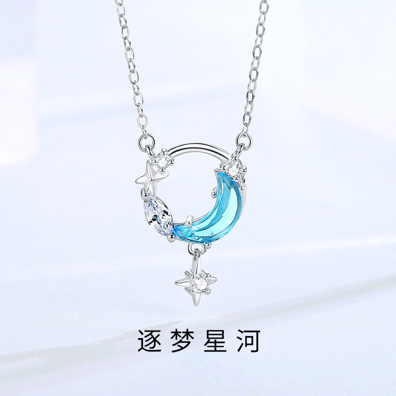 原创925纯银星月项链女韩版吊坠小众设计轻奢锁骨链个性直播货源