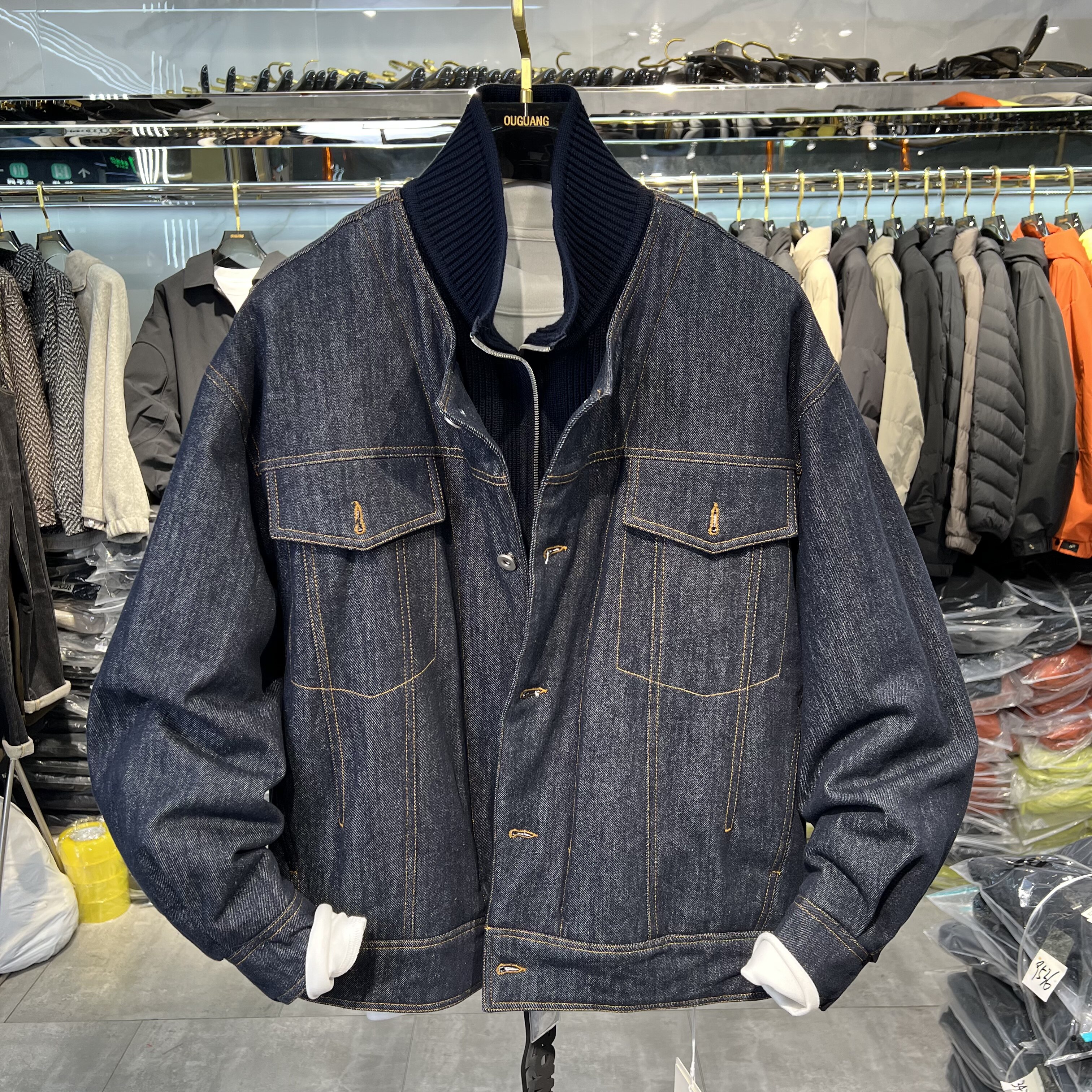 实体假两件工装牛仔白鸭绒90羽绒服男夹克外套冬季新款保暖外套男