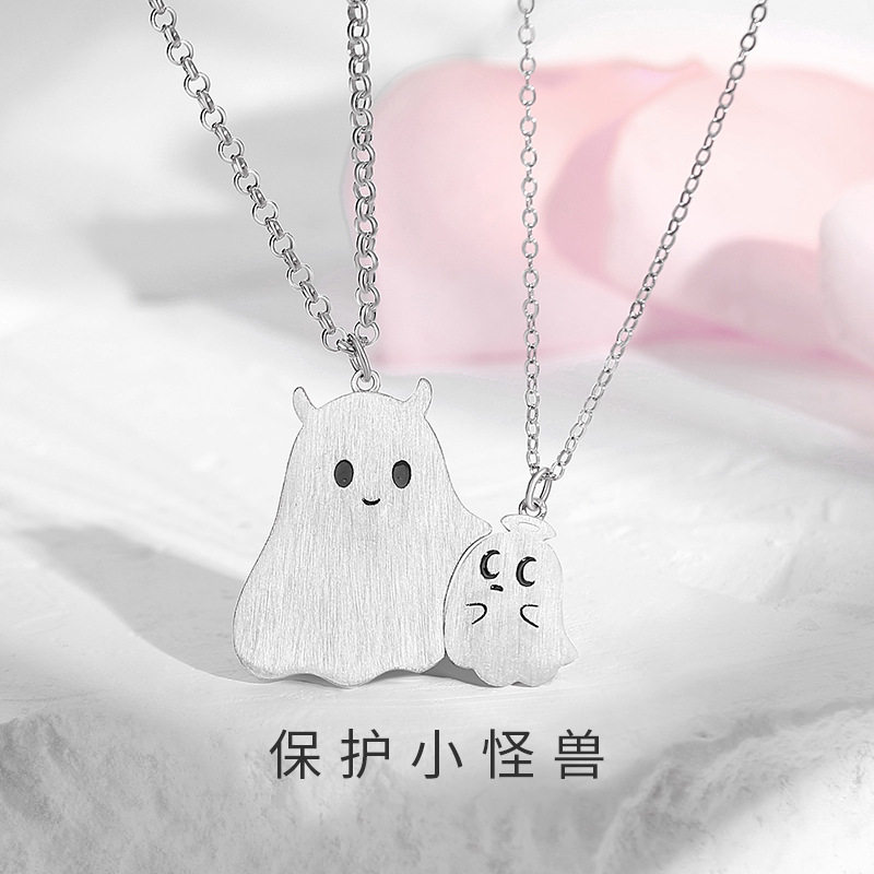 原创小幽灵情侣项链纯银甜酷风个性小众锁骨链卡通吊坠万圣节礼物