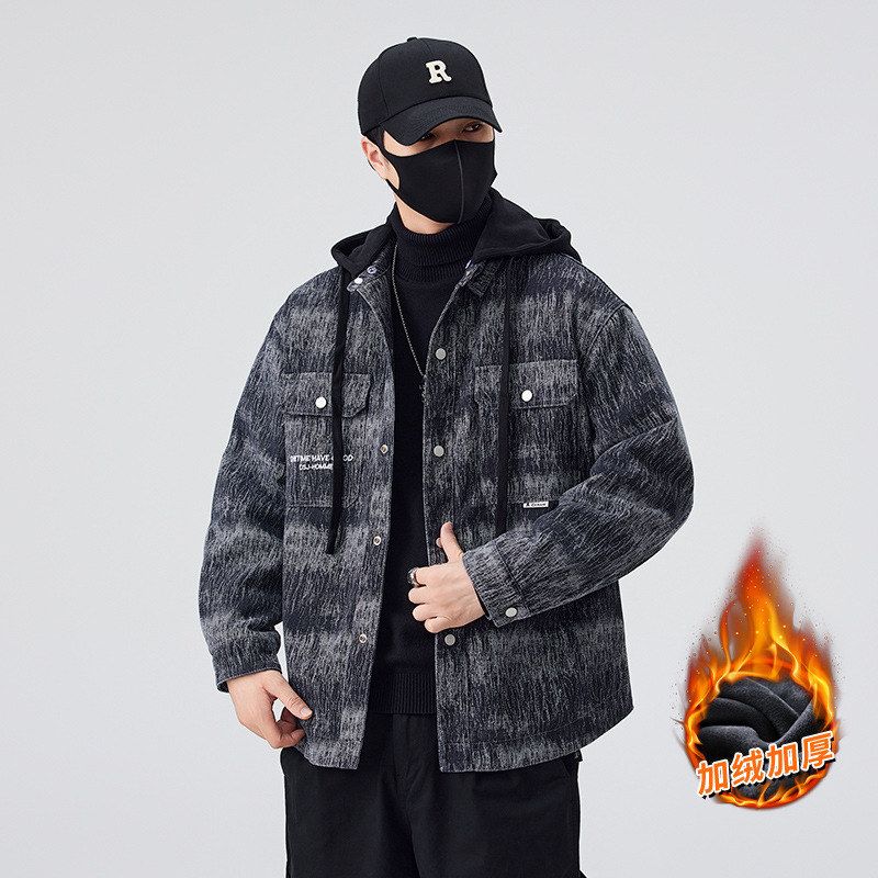 高品质时尚加绒加厚复古格子牛仔外套男款秋冬季新款潮牌翻领夹克