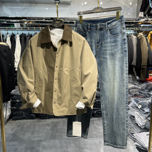 实体直播美式复古巴恩风翻领夹克男士春秋冬季老钱风宽松工装外套