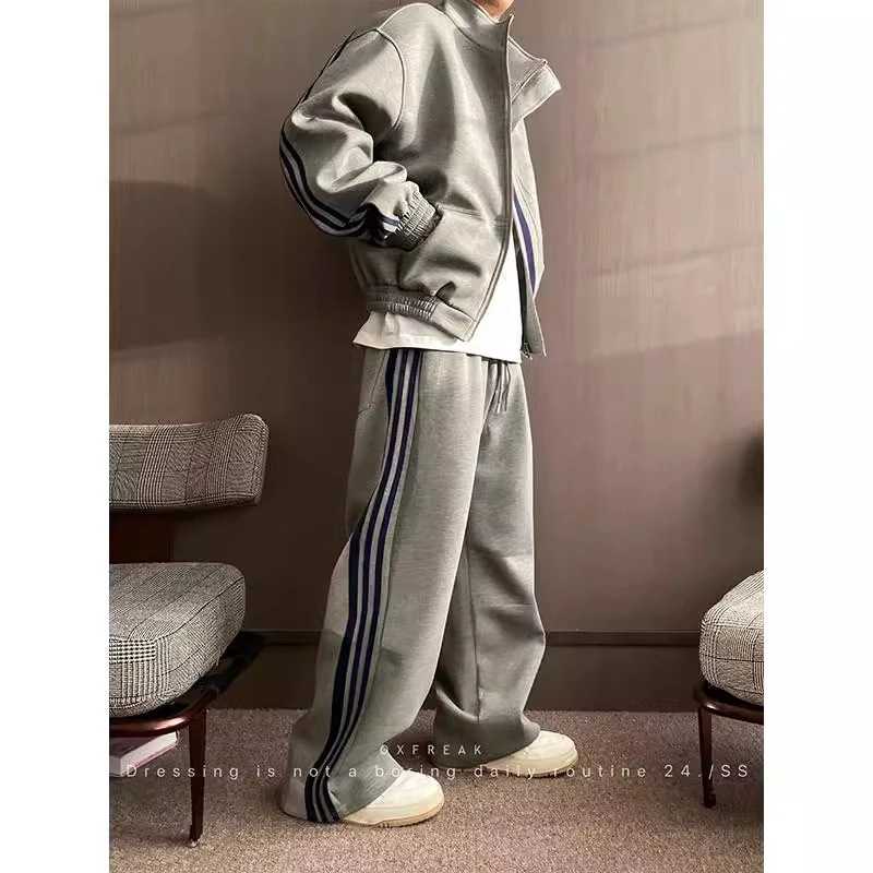 【加绒】秋季时尚潮流百搭舒适高级感纯色三条杠男女同款卫衣套装
