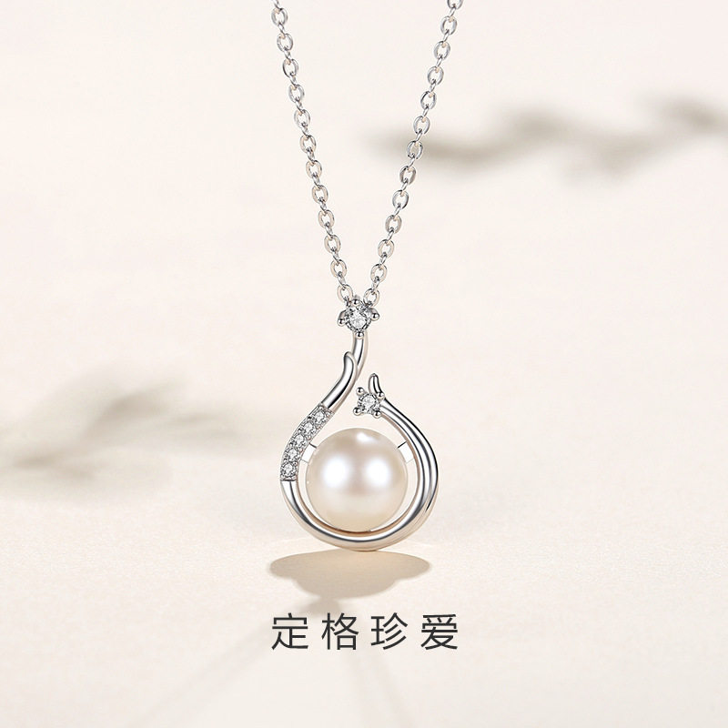 925纯银珍珠项链女复古简约妈妈款锁骨链小众时尚几何吊坠项饰品