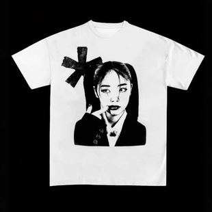 亚文化正肩短袖t恤女夏季新款朋克风白色tee修身显瘦亚比上衣y2k