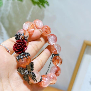 天然红胶花水晶手链正宫红牛血红凤凰鸩羽幽灵玫瑰红女款手串女神