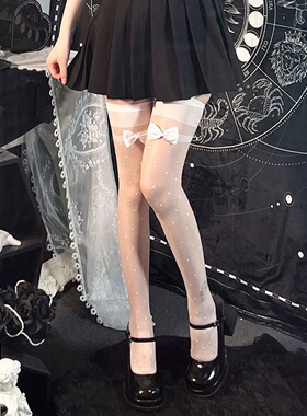 甜美蝴蝶结可爱波点大腿袜过膝袜黑色丝袜长筒袜白色lolita搭配