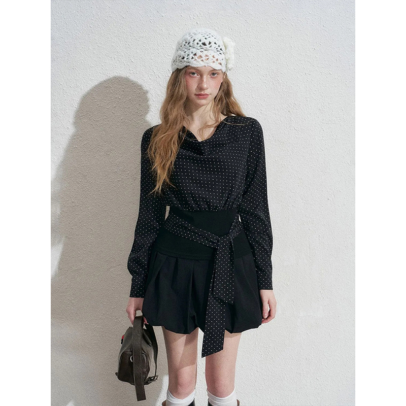 韩式气质波点荡领长袖上衣+黑色半裙套装2025秋季时尚通勤两件套