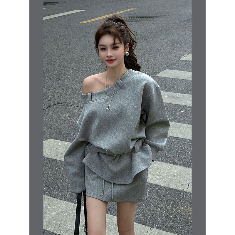 韩系休闲运动风套装女春季2025新款斜肩宽松收腰卫衣+短裙两件套