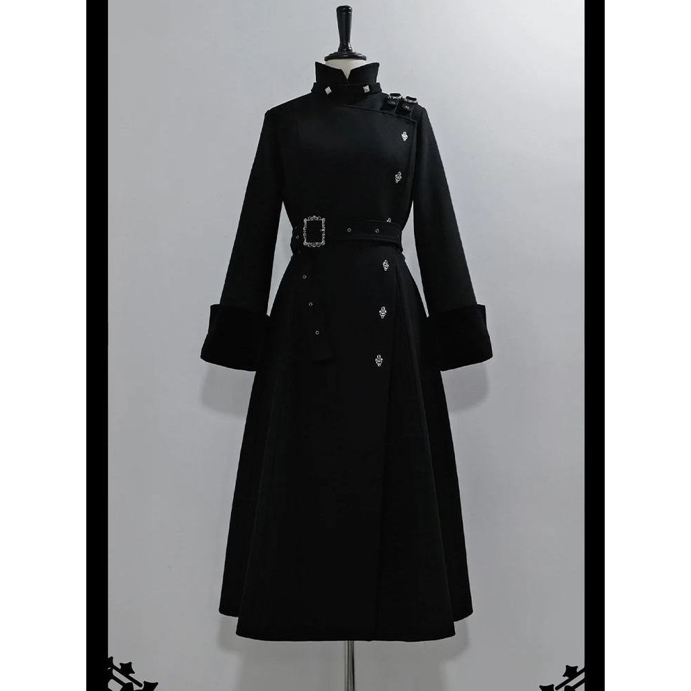 【破势出击】2025年冬季新款哥特气质绑带收腰显瘦中长款毛呢外套