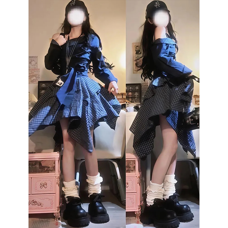 【苏格兰画廊】韩系设计感小众斜肩长袖上衣+不规则吊带裙套装女