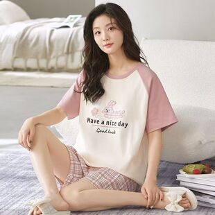 女款 宽松可外穿家居服套装 纯棉短袖 带胸垫圆领大码 短裤 睡衣女夏季