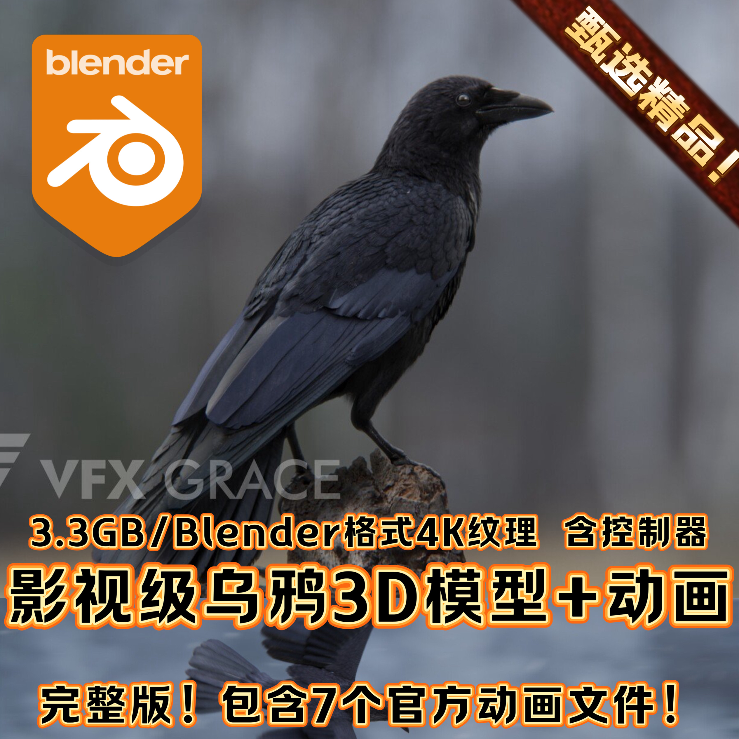 Blender逼真乌鸦鸟类生物3D模型动物含毛皮羽毛绑定4K纹理+动画