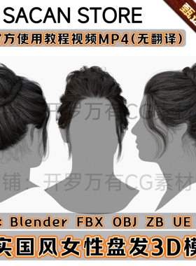 3DScanStore写实毛发女性插片头发长发古风盘发3D模型Blender FBX