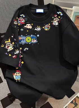 夏季潮牌卡通蜡笔小新印花短袖t恤男日系潮流青少年宽松百搭上衣