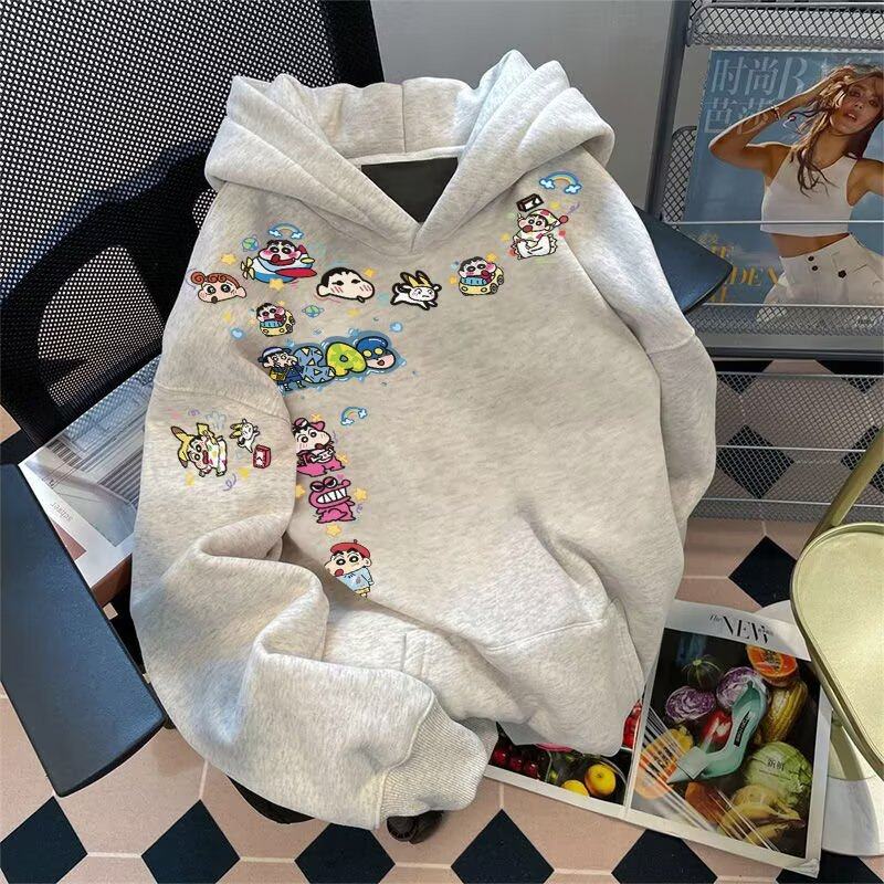 日系潮牌趣味蜡笔小新印花连帽卫衣男2025秋季宽松百搭休闲外套潮