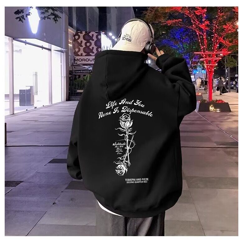 美式高街潮牌玫瑰印花连帽卫衣男卫衣