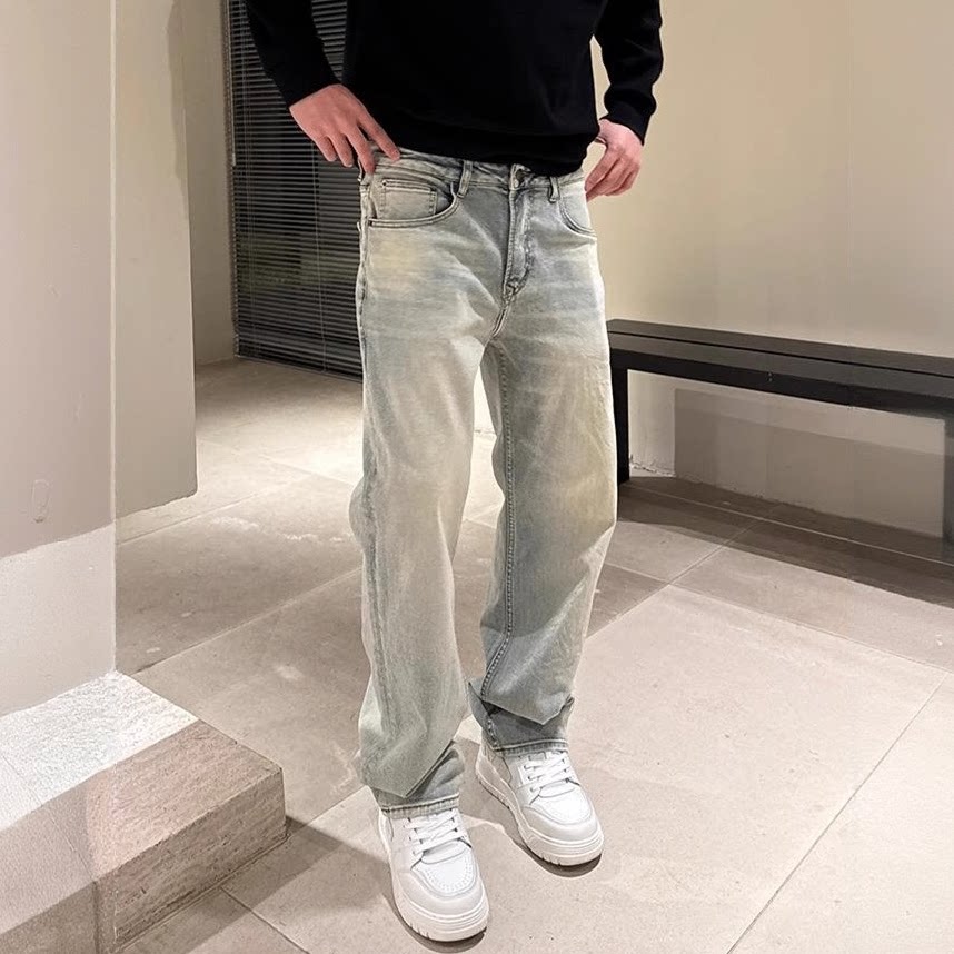 美式复古水洗泛白做旧直筒牛仔裤男潮流痞帅青年宽松基础百搭长裤