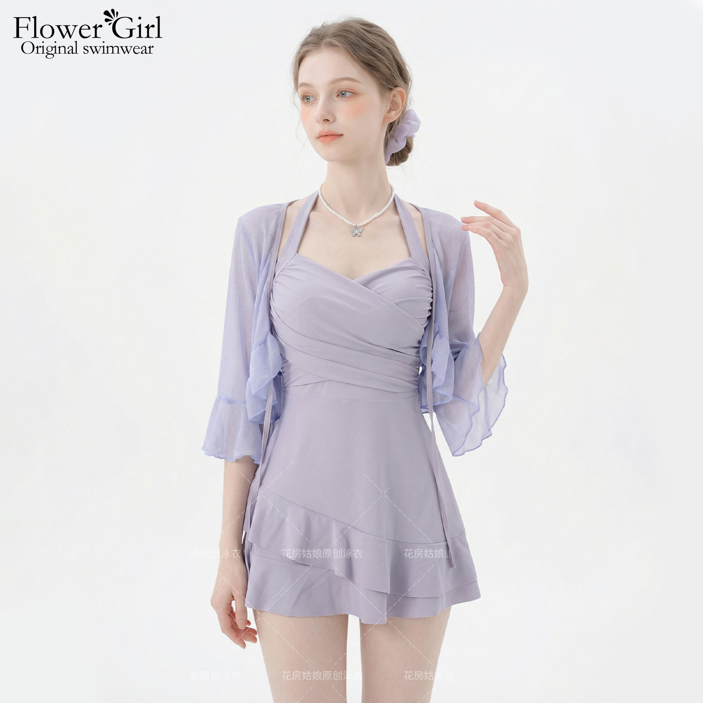 泳衣女纯欲甜美保守罩衫分体平角连体裙式三件套聚拢度假风泳装