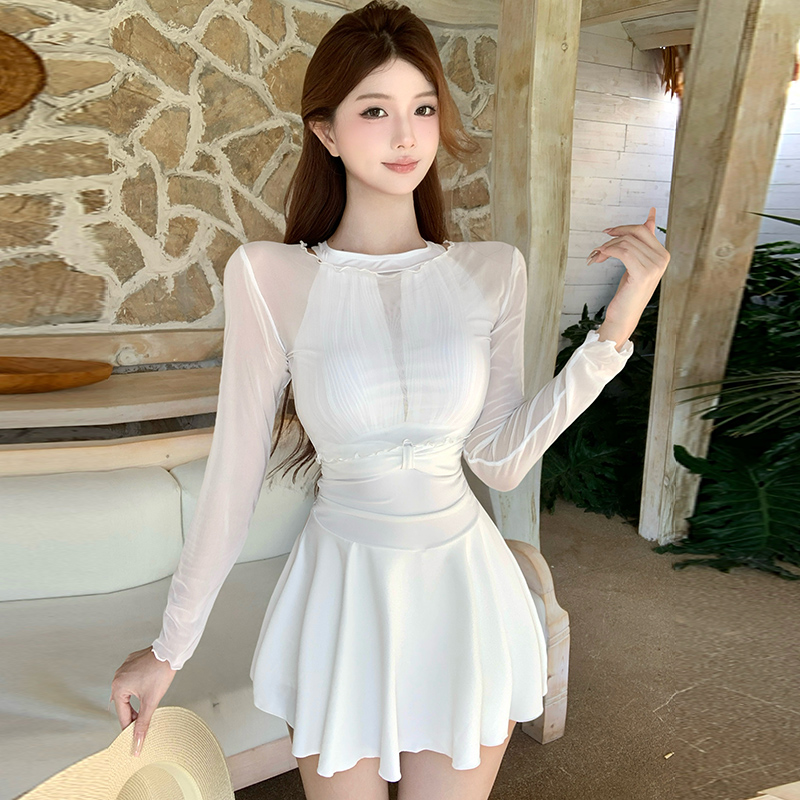 新款高级连体泳衣纯色长袖保守罩衫修身显瘦遮肉网纱性感露背温泉