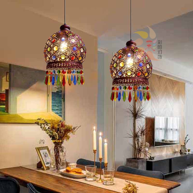 波西米亚复古铁艺餐厅单头彩色水晶灯摩洛哥特色土耳其吧台小吊灯