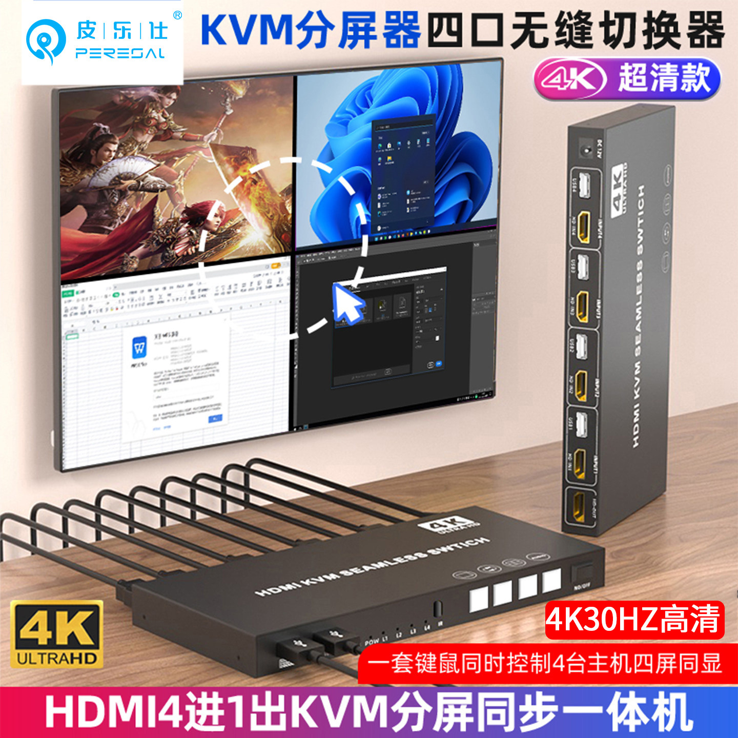 HDMI分屏同步器四进一出KVM无缝切换4K屏幕画面分割器USB键鼠同步