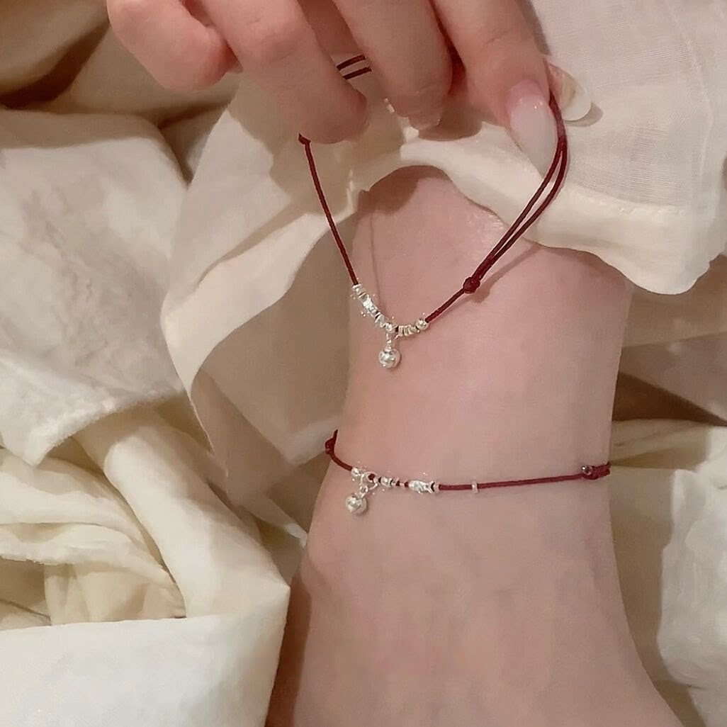 S925银铃少女碎银子红绳铃铛脚链图片