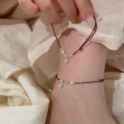 S925银铃少女碎银子红绳铃铛脚链