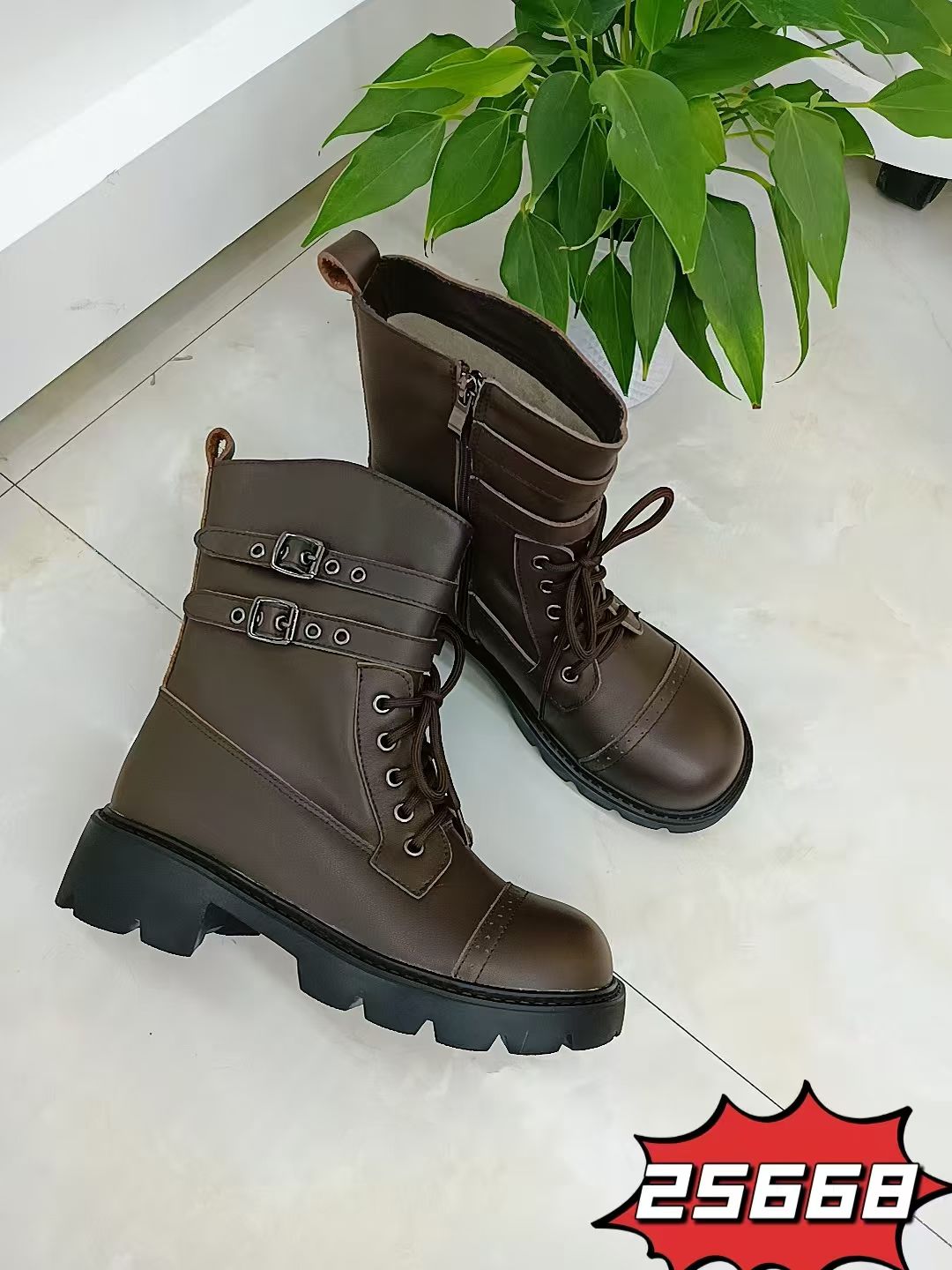 柏育兰大码女鞋2025新真皮粗跟厚底马丁靴防滑耐磨舒适牛皮女靴42